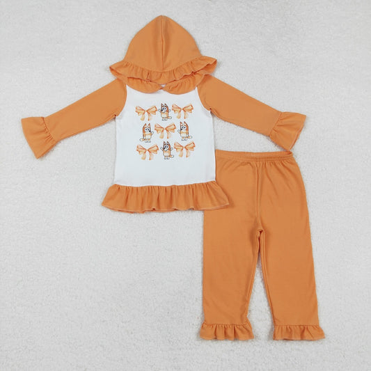 GLP1948 Bow Pattern Orange Lace Hooded Long Sleeve Pants Set