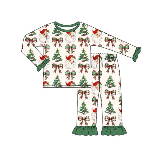 presale GLP1960 Beige long-sleeved and long-pants pajama set with Santa Claus bow pattern and green lace  2024 9.9