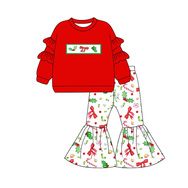 presale GLP1961 Christmas leaf bow pattern lace red long sleeve white trousers suit   2024 9.9