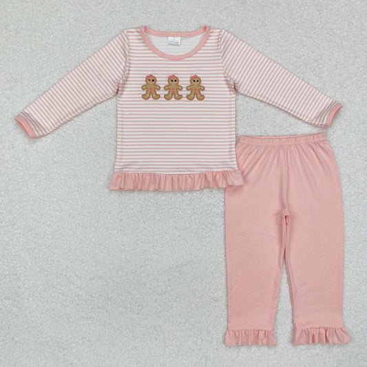 GLP1965 Gingerbread Man Pink Striped Lace Long Sleeve Pants Set