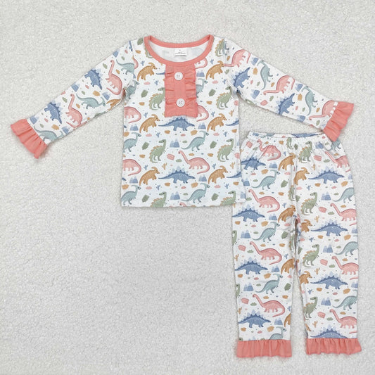 GLP1969 Dinosaur lace pink and white long-sleeved trousers pajama set
