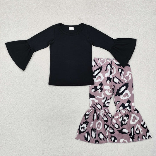 GLP1970 Solid black long-sleeved leopard print trousers suit