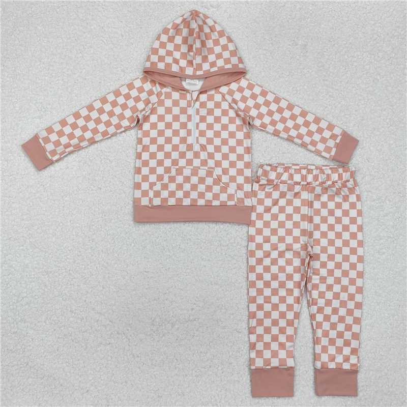Match Boys Baby Girls Checkered Zip Hooded Top Pants Clothes Sets