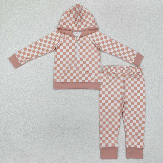 GLP1989  Beige Plaid Long Sleeve Hooded Pants Set