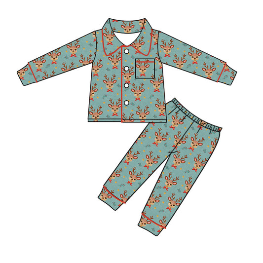 presale GLP1997 Christmas Reindeer Star Pocket Green Long Sleeve Long Pants Pajama Set   2024 9.12