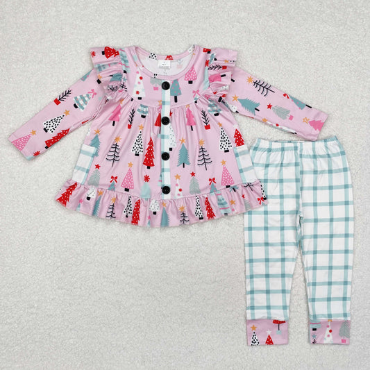 GLP1998 Christmas Tree Teal Plaid Pocket Pink Long Sleeve Pants Set