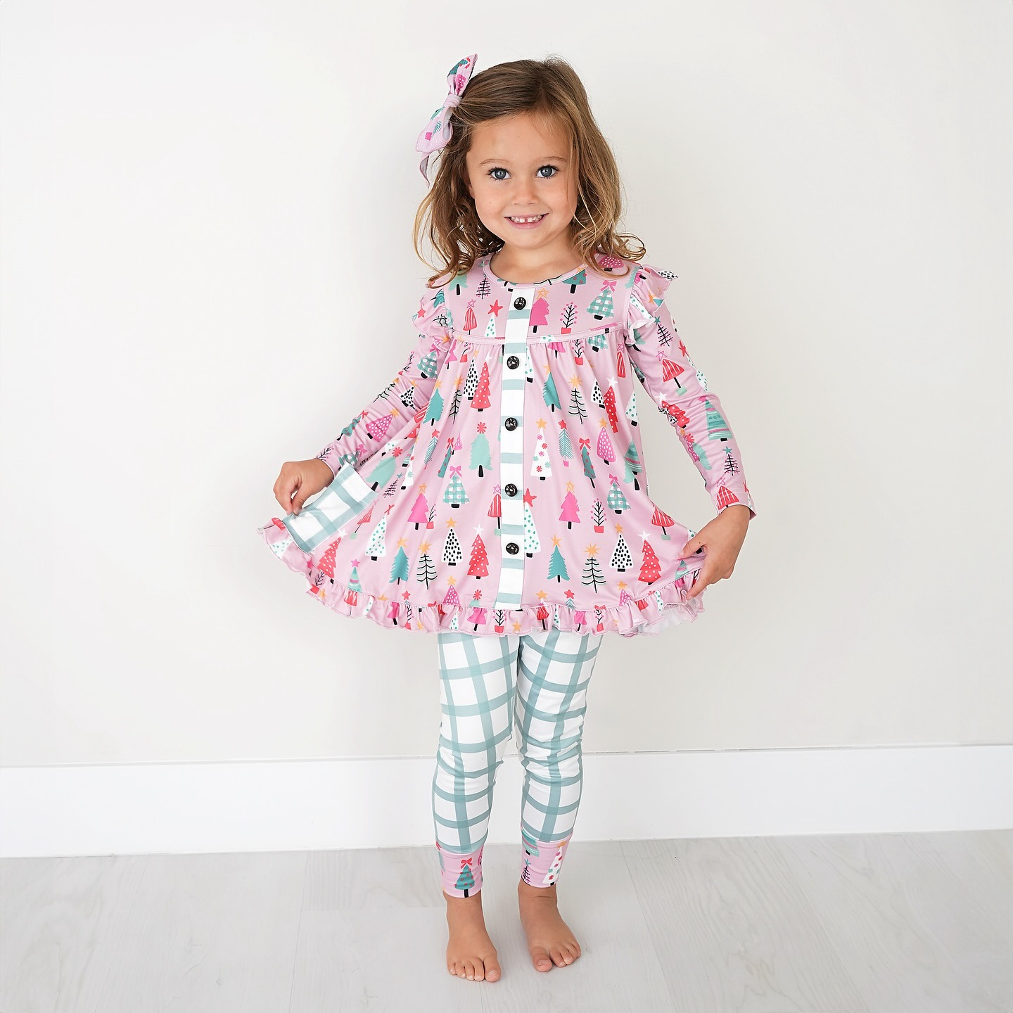 GLP1998 Christmas Tree Teal Plaid Pocket Pink Long Sleeve Pants Set