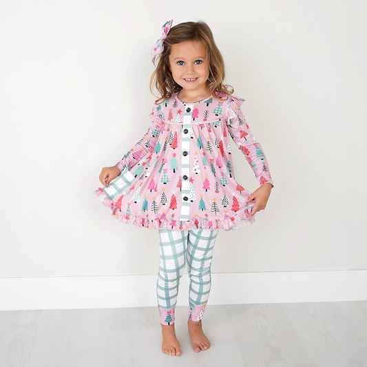 GLP1998 Christmas Tree Teal Plaid Pocket Pink Long Sleeve Pants Set
