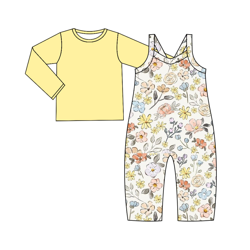 presale GLP2007  Baby Girls Yellow Flowers Straps Jumpsuits Shirts 2pcs Sets  2024 9.13