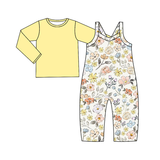 presale GLP2007  Baby Girls Yellow Flowers Straps Jumpsuits Shirts 2pcs Sets  2024 9.13