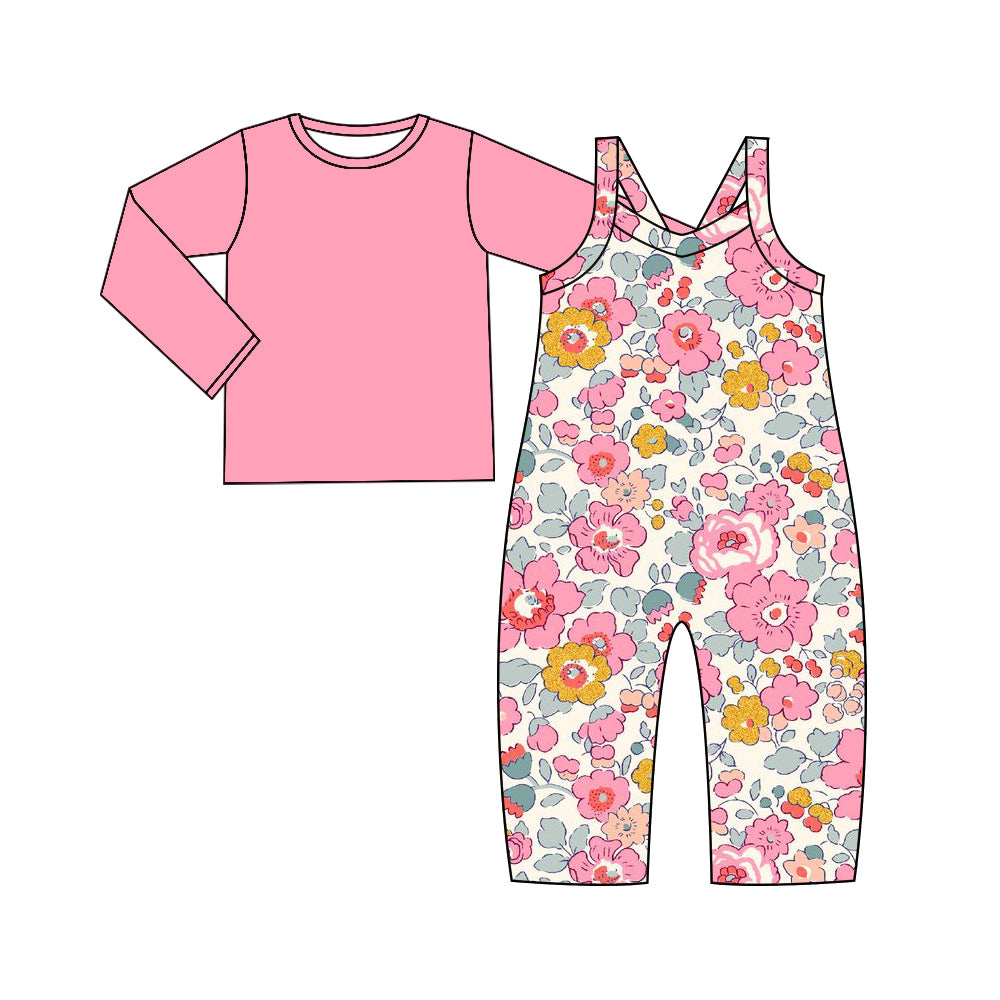 GLP2008  Baby Girls Pink Flowers Straps Jumpsuits Shirts 2pcs Sets