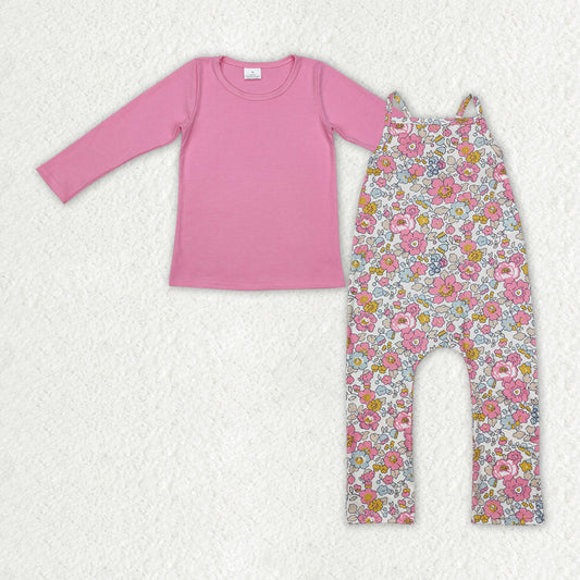 GLP2008 Baby Girls Pink Flowers Straps Jumpsuits Shirts 2pcs Sets