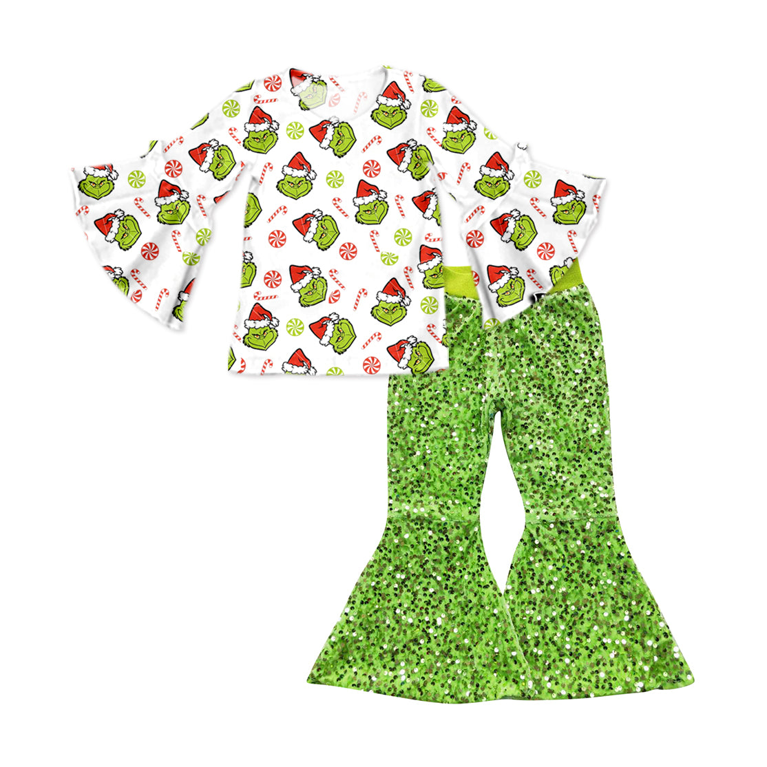 presale GLP2026  Baby Girls Christmas Green Frog Tops Sequin Bell Pants Clothes Sets 2024 9.16