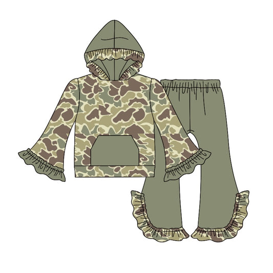 presale GLP2029 Baby Girls Green Camo Hooded Top Bell Pants Clothes Sets 2024 9.18