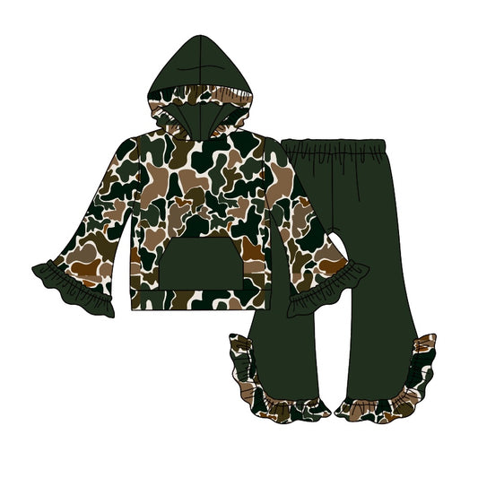 presale GLP2031 Baby Girls Dark Brown Camo Hooded Top Bell Pants Clothes Sets 2024 9.18