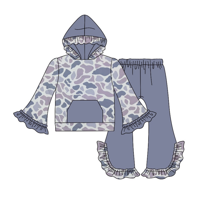 presale GLP2032  Baby Girls Grey Camo Hooded Top Bell Pants Clothes Sets  2024 9.18