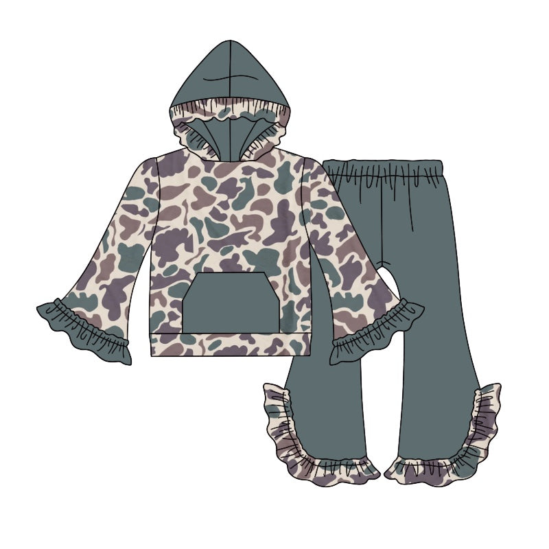 presale  GLP2033  Baby Girls Dark Green Camo Hooded Top Bell Pants Clothes Sets 2024 9.18