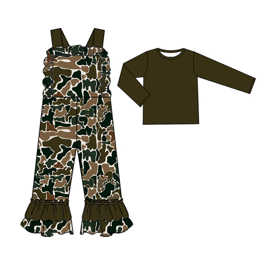 presale GLP2035 Baby Girls Dark Brown Camo Straps Jumpsuits Shirts 2pcs Clothes Sets 2024 9.18