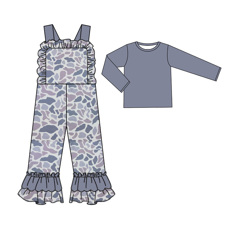 presale GLP2038 Baby Girls Grey Light Camo Straps Jumpsuits Shirts 2pcs Clothes Sets  2024 9.18