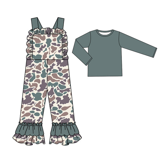 presale GLP2039  Baby Girls Green Brown Camo Straps Jumpsuits Shirts 2pcs Clothes Sets 2024 9.18