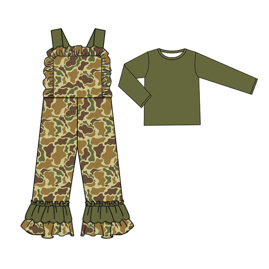 presale GLP2042 Baby Girls Green Dark Camo Straps Jumpsuits Shirts 2pcs Clothes Sets  2024 9.18