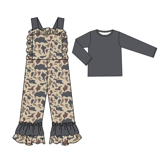 presale GLP2043 Baby Girls Grey Khaki Camo Straps Jumpsuits Shirts 2pcs Clothes Sets 2024 9.18