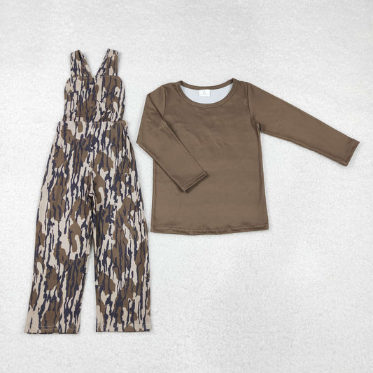 GLP2043 Baby Girls Grey Khaki Camo Straps Jumpsuits Shirts 2pcs Clothes Sets