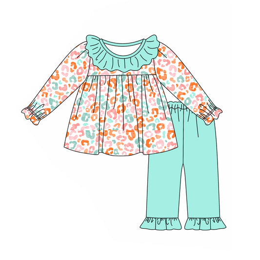 presale GLP2047 Colorful leopard print teal lace white long sleeve trousers set 2024 9.18