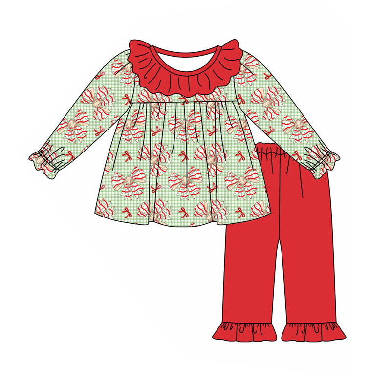 presale GLP2051 Christmas Bow Pattern Red Lace Green Plaid Long Sleeve Pants Set 2024 9.18