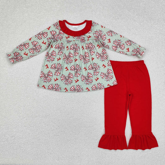 GLP2051 Christmas Bow Pattern Red Lace Green Plaid Long Sleeve Pants Set