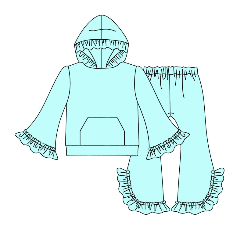 GLP2057  Solid Teal Lace Hooded Long Sleeve Pants Set