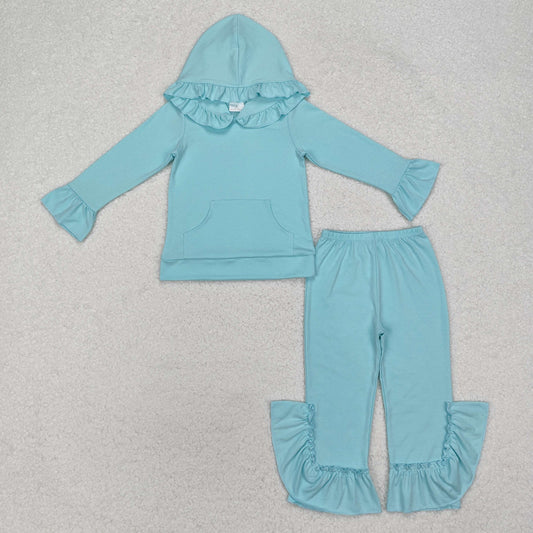 GLP2057  Solid Teal Lace Hooded Long Sleeve Pants Set