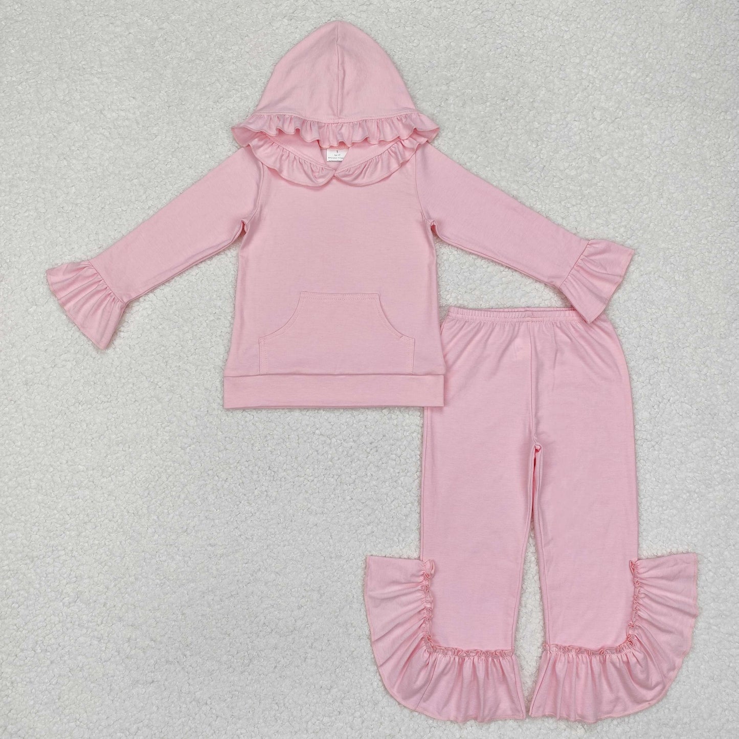 GLP2059  Solid Pink Lace Hooded Long Sleeve Pants Set