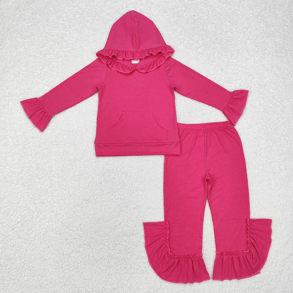 GLP2061  Solid Rose Red Lace Hooded Long Sleeve Pants Set