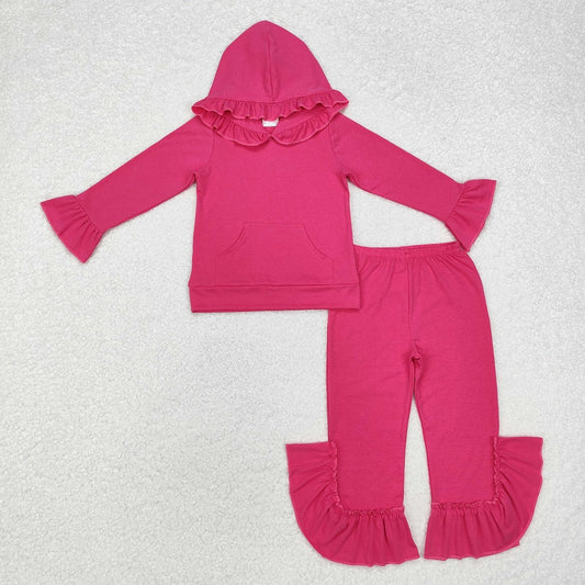 GLP2061  Solid Rose Red Lace Hooded Long Sleeve Pants Set