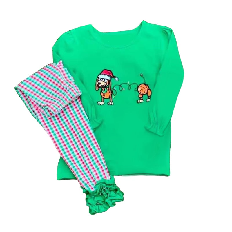 presale GLP2066  Christmas Puppy Green Lace Long Sleeve Plaid Pants Suit 2024 9.19