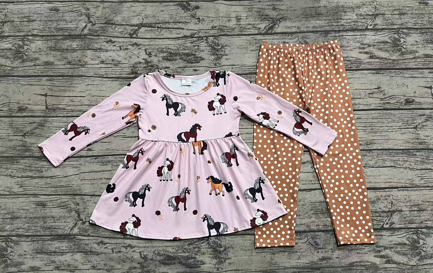 GLP2072 Pony pink long sleeve polka dot brown trousers suit