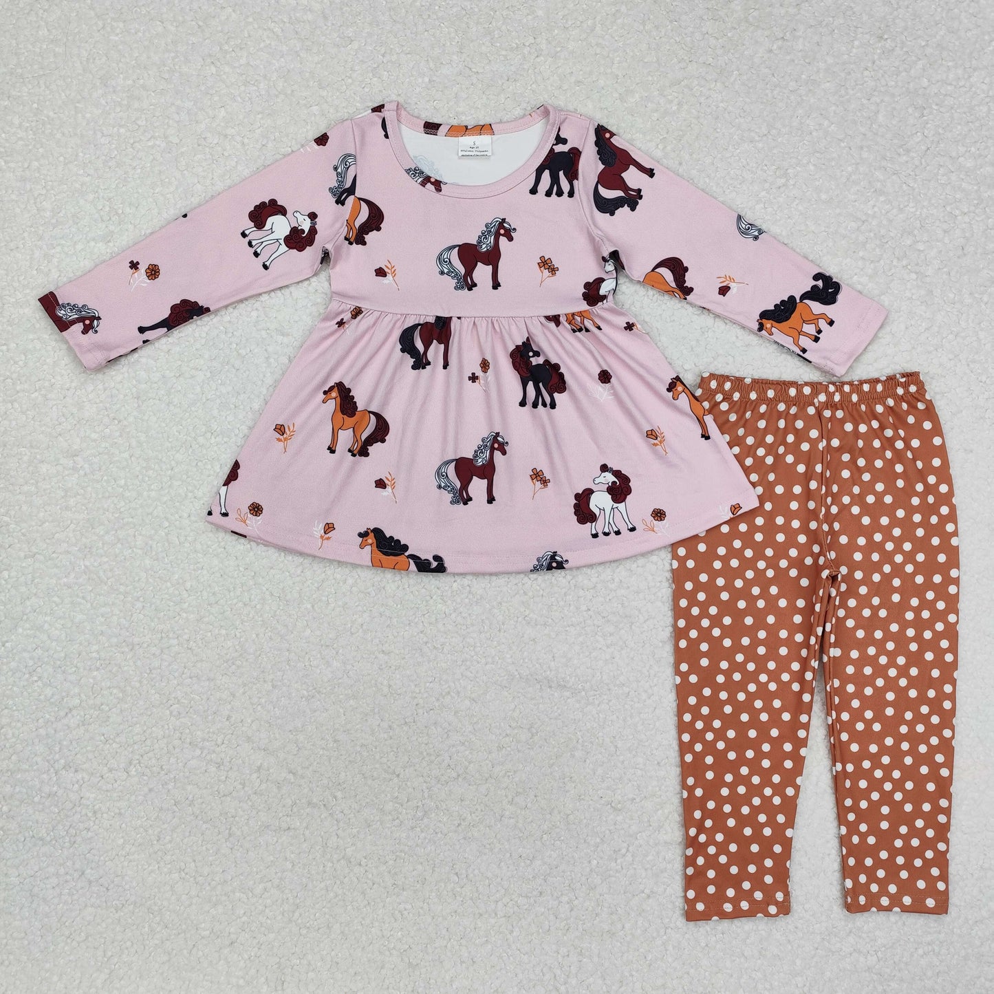GLP2072 Pony pink long sleeve polka dot brown trousers suit