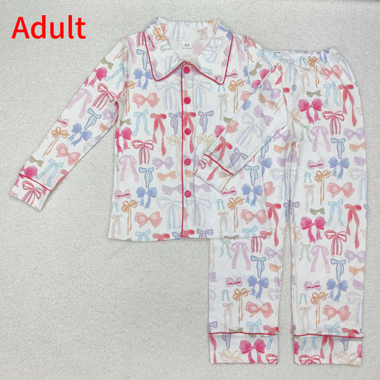 GLP2077  Adult women's colorful bow pattern white long-sleeved long pants pajamas set