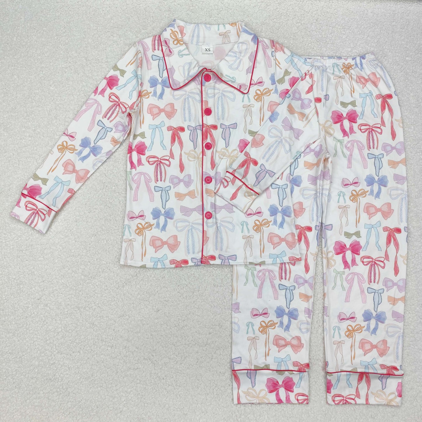 GLP2077  Adult women's colorful bow pattern white long-sleeved long pants pajamas set