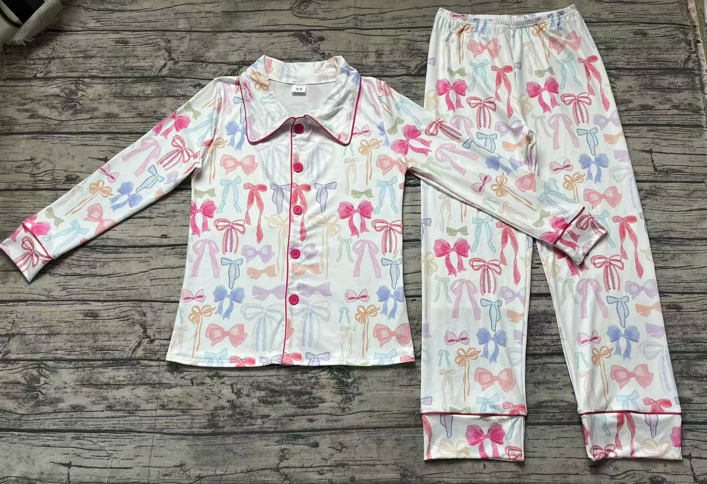 GLP2077  Adult women's colorful bow pattern white long-sleeved long pants pajamas set