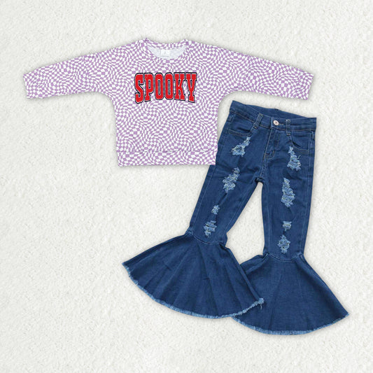 GLP2078 Baby Girls Halloween Spooky Top Denim Pants Clothes Sets