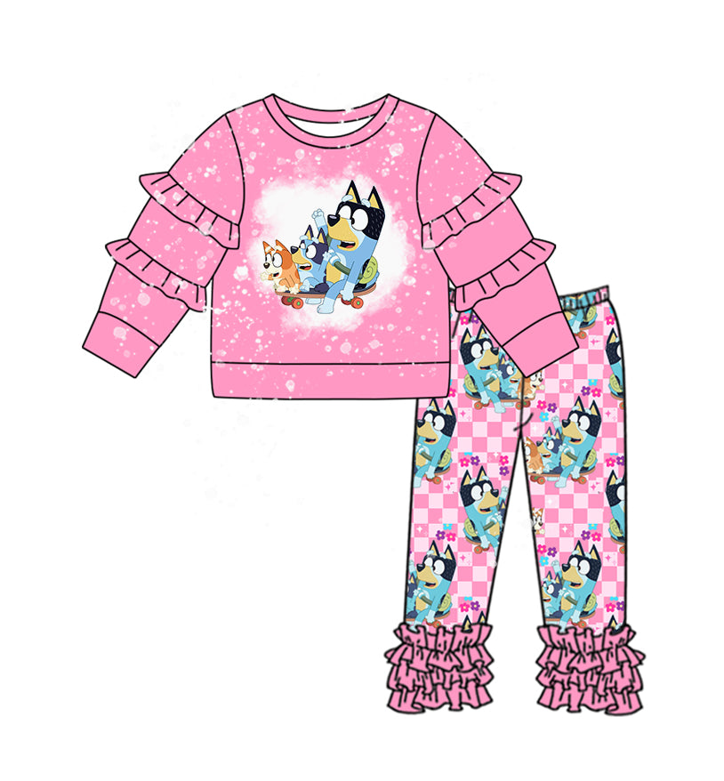 GLP2088 Pink Lace Long Sleeve Plaid Trousers Set