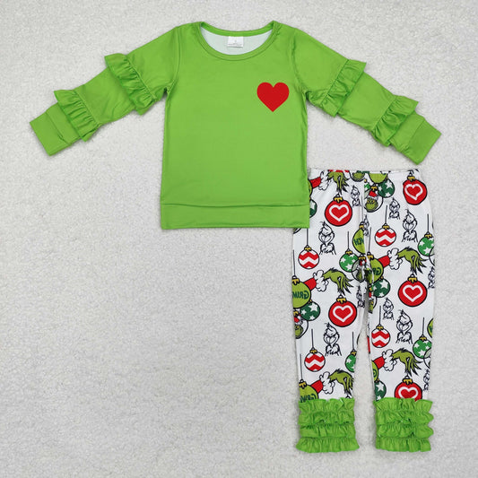 GLP2089 Christmas Light Ball Red Heart Green Lace Long Sleeve Pants Set