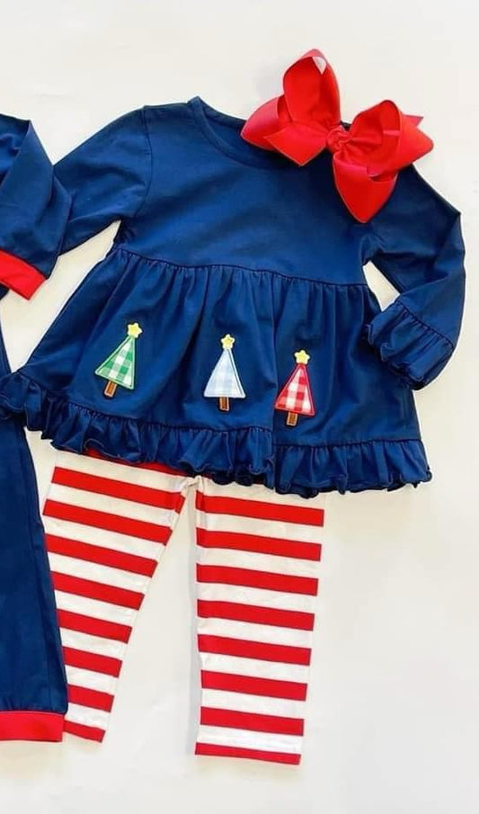 presale GLP2090 Plaid Christmas Tree Navy Blue Lace Long Sleeve Red Striped Pants Suit 2024 9.21