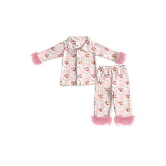 presale GLP2092 Santa Claus Pink Plaid Plush Edge Long Sleeve Long Pants Pajama Set  2024 9.21