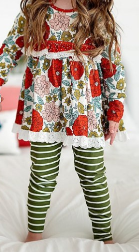 GLP2099  Flower and Leaf Lace Long Sleeve Striped Green Trousers Set