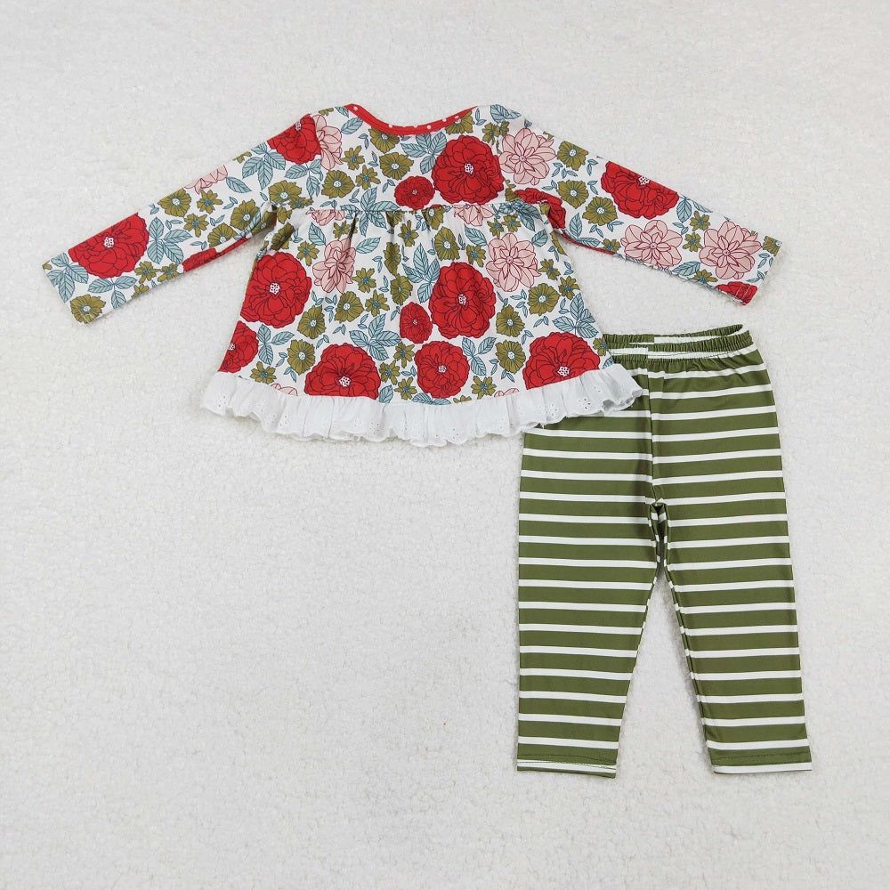 GLP2099  Flower and Leaf Lace Long Sleeve Striped Green Trousers Set
