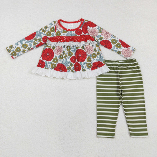 GLP2099  Flower and Leaf Lace Long Sleeve Striped Green Trousers Set