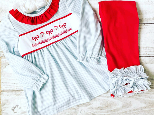 presale GLP2100 Santa Claus Bow Pattern Red Lace Blue Plaid Long Sleeve Pants Suit 2024 9.23